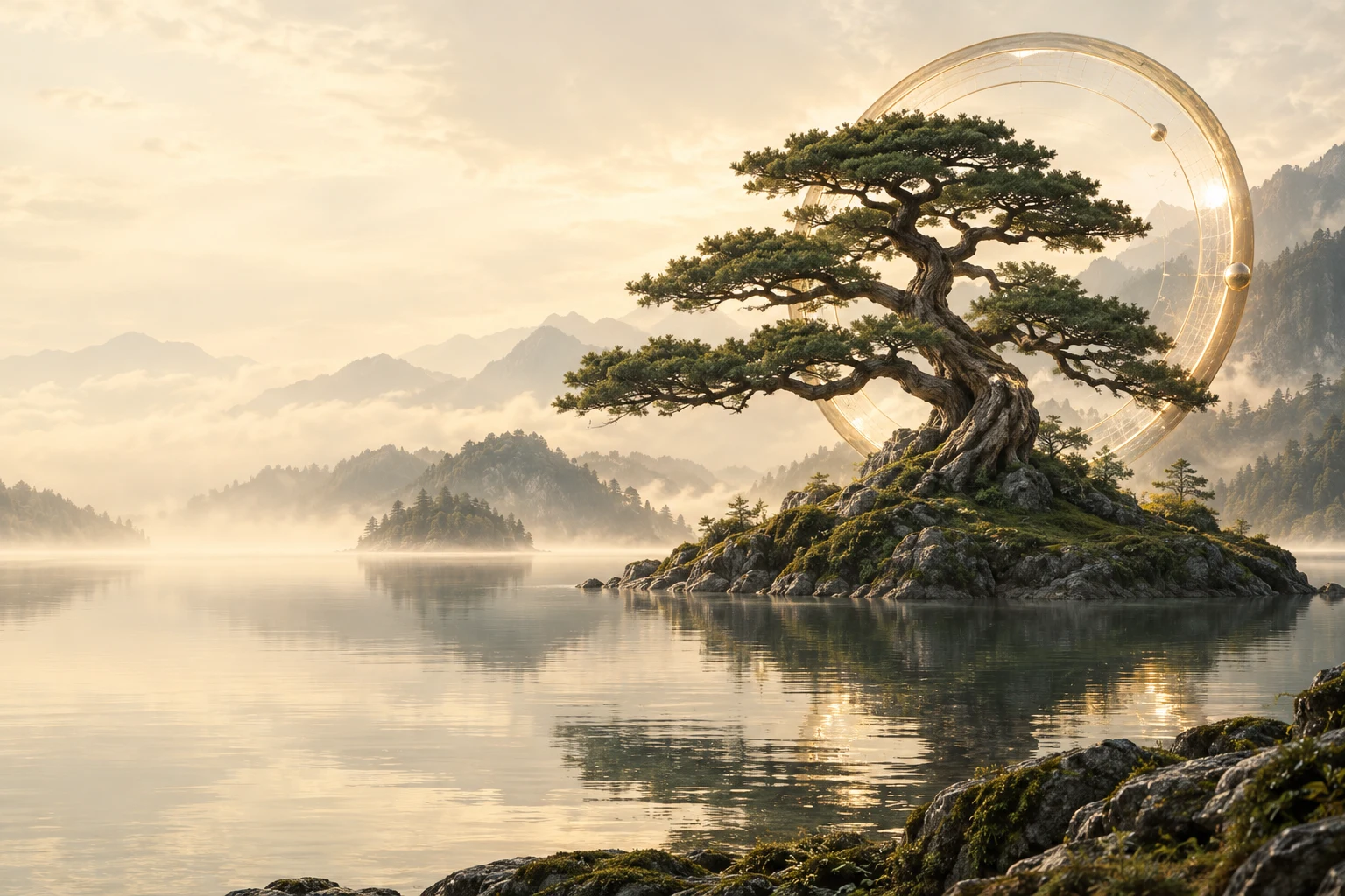 An ancient pine on a mossy island, encircled by a golden orbit above a still mountain lake.